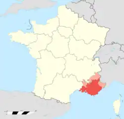 Location of the Comté de Provence in red over modern borders of Provence-Alpes-Côte d'Azur in pink in modern France.