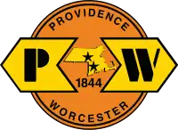 The logo of the Providence and Worcester Railroad. In addition to showing the railroad's name, a map of Massachusetts and Rhode Island is at the center of the logo, with stars indicating the locations of Providence and Worcester, and the year "1844", when the company was formed.