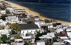 The Center Methodist Church is the most prominent building in this part of Provincetown center.