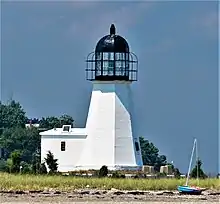 Prudence Island Light, circa 1824, was the original Newport Harbor Lighthouse until it was transported to Prudence Island in 1851.