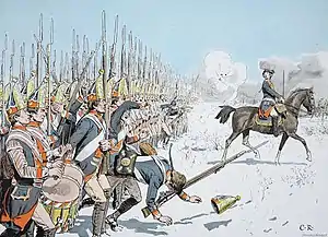 Infantry line, muskets and bayonets, with an officer on a horse; the image is not particularly historically accurate.