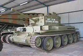 A Cromwell Mk. 1 displayed at the Royal Australian Armoured Corps Tank Museum, Puckapunyal, Australia (2007). The white writing on the turret is to inform cargo handlers that it is not to be transported by sea as deck cargo.