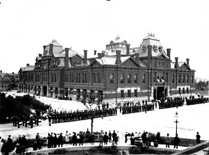 Image 43Striking American Railway Union members confront Illinois National Guard troops in Chicago, Illinois, during the Pullman Strike in 1894.