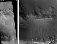 Punsk Crater, as seen by HiRISE. Scale bar is 500 meters long. Click on image to see possible fine layers on floor. Image on right is an enlargement of south (bottom) wall of crater.