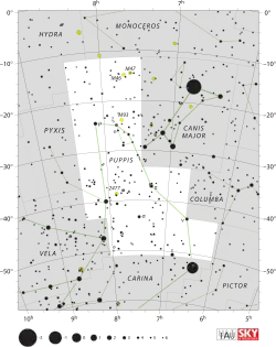 Diagram showing star positions and boundaries of the constellation of Puppis and its surroundings