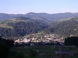 View of the town of Putyla and the Carpathian Mountains in the background.