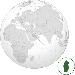 Location and extent of Qatar (dark green) on the Arabian Peninsula