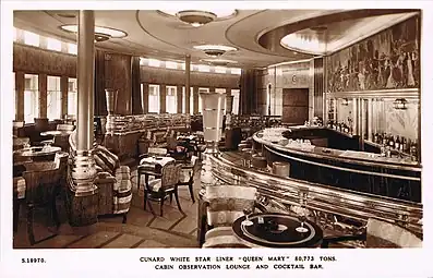 Observation Bar. Note the lower band of windows that look into the enclosed Promenade Deck. They were removed in 1967 after the lounge was extended.