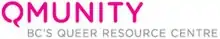A logo on a white background, with the name "QMUNITY" in large, pink letters at the top left and the phrase "BC'S QUEER RESOURCE CENTRE" in smaller, light-gray letters at the bottom, both in all caps.