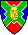 Arms of North West Province, South Africa: Per saltire gules and azure, a saltire quadrate vert, fimbriated argent ...