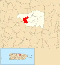 Location of Quebrada Arenas within the municipality of Toa Alta shown in red