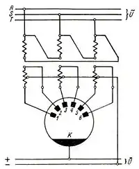 Three-phase full-wave rectifier with six anodes and three-phase external transformer with centre-tap on secondary side