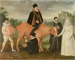Satirical Flemish painting painted c.1586, three years after Anjou's Antwerp fiasco; depicting a cow which represents the Dutch provinces. King Philip II of Spain vainly tries to ride the cow, drawing blood with his spurs. Queen Elizabeth I feeds it while William of Orange holds it steady by the horns. The cow is defecating on the Duke of Anjou, who holds its tail. (Toronto Public Library)