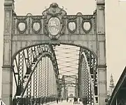 Lithuanian-side of the bridge in Panemunė with the coat of arms of Lithuania in 1937