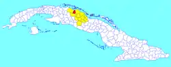 Quemado de Güines municipality (red) within  Villa Clara Province (yellow) and Cuba