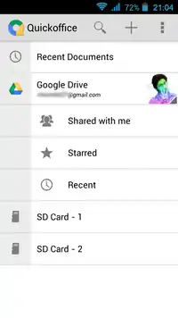 Quickoffice is shown running on the Android operating system. Part of the electronic mail address displayed has been redacted for privacy reasons.