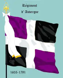 A white-crossed regimental flag during the Ancien Régime (here, Régiment d'Auvergne)