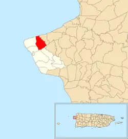 Location of Río Grande within the municipality of Rincón shown in red