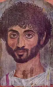 Fayum mummy portrait of man thin face and with curly hair at MET museum gallery 138