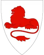 Arms of Rødøy Municipality in Norway, showing a lion couchant gules (1988)