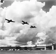 Brewster Buffalo aircraft of No. 21 Squadron flying over RAF Sembawang.