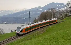 An SOB train on line S13 descending to Wädenswil.