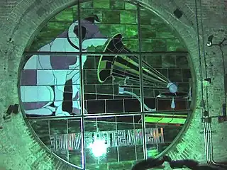 One of 4 Nipper stained glass windows seen from inside the "Nipper Tower" in the old RCA Victor Building 17.