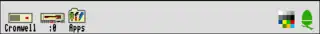 Screenshot of the icon bar under RISC OS 3 showing the following: Left portion, from left –  Discs (in this case a hard disc and floppy disc), Apps folder (Resources:$.Apps), Right portion, from right –  Task Manager, Display Manager