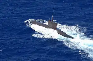 Republic of Korea Navy's Jang Bogo-class Type 209/1200 submarine Nadaeyong surfacing during a SINKEX for Rim of the Pacific RIMPAC 2002