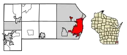 Location of Racine in Racine County, Wisconsin.