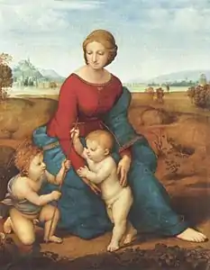 In the Madonna of the Meadow (1506), Raphael used white to soften the ultramarine blue of Virgin Mary's robes to balance the red and blue, and to harmonize with the rest of the picture.