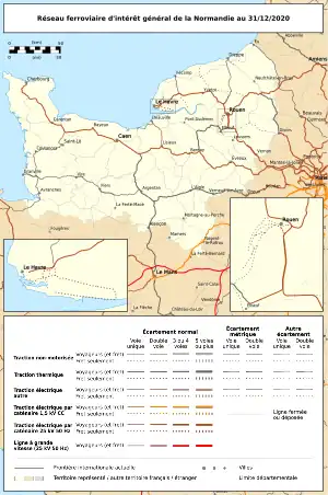 Map of rail infrastructure in Normandy (in 2020), part of which is used by TER commercial links.