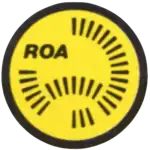 Stylized map of Australia consisting of  black railway sleepers, with "ROA" in upper case black lettering, all in a black circle and with a yellow background within the circle