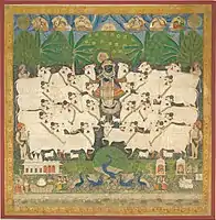 Festival of the Cattle (Gopashtami); shrine hanging, 19th century, 223 cm (87.79″) x 220 cm (86.61″)