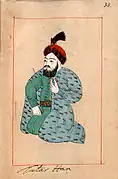 Ralamb-38. Khan of the Tatars. Dressed in a green dolama with a brocaded sash over which he wears a long blue kaftan with a wavy tiger pattern. On his head he wears a red cap with fur trimming ornamented with an aigrette.