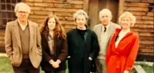 Bernie sanders, Jennifer Ely, Madeleine Kunin, Ralph Nading Hill, and an unknown woman in front of the Allen house.