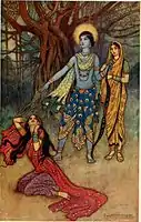 Ravana's sister Suparnakha attempts to seduce Rama and cheat on Sita. He refuses and spurns her (above).