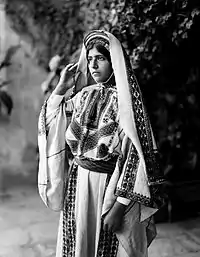 Young woman of Ramallah wearing dowry headdress, c. 1898–1914
