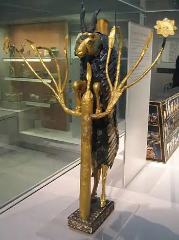 An example of elaborate Sumerian sculpture: the "Ram in a Thicket", excavated in the royal cemetery of Ur by Leonard Woolley and dated to about 2600–2400 BCE. Wood, gold leaf, lapis lazuli and shell. British Museum, ME 122200.