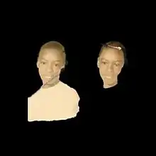 Two versions of the same photograph of a young Black boy with short hair and a white t-shirt, placed side by side over a black background. The one on the left is of the full head and upper torso, with a large line of damage running from the left ear to the right shoulder, and other smaller lines of damage over the forehead and shirt. The one on the right is of just the head but with the left side of the face removed, and with two similar large damage lines, one running horizontally across the hairline and the over vertically from the top of the head down over the left eye and cheek.