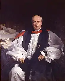 Painting of a bald, clean-shaven white man in late middle age, seated, in the rochet and chimere of an Anglican bishop