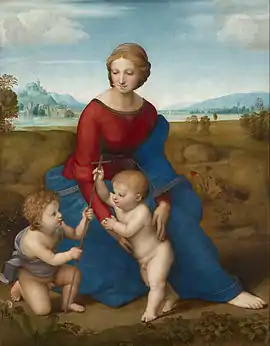 The Madonna of the Meadow, c. 1506, using Leonardo's pyramidal composition for subjects of the Holy Family.