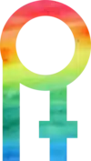The logo, shaped like the letter R, represents the female gender symbol in rainbow colors
