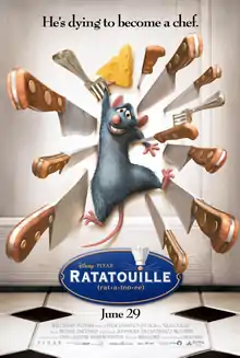 Remy, a rat, smiles nervously as he clings onto a piece of cheese while he is pinned to a door by sharp knives and forks. The film's tagline, "He's dying to become a chef", is displayed along the top. A logo with the film's title and pronunciation is shown at the bottom, with the dot on the 'i' in "Ratatouille" doubling as a rat's nose with whiskers and a chef's toque.