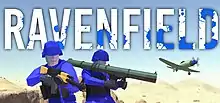 The large white text saying "Ravenfield" is spotted with blue. A blue soldier with assault rifle, another soldier with rocket launcher, and propeller plane are in the front of the title while the desert is in the background.