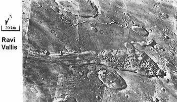 Ravi Vallis, as seen by Viking Orbiter.  Ravi Vallis was probably formed when catastrophic floods came out of the ground to the right (chaotic terrain).  Image located in Margaritifer Sinus quadrangle.