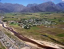 Aerial view of Rawsonville and the Smalblaar River, looking towards Du Toitskloof Pass to the west