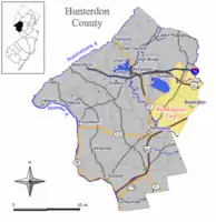 Location of Readington Township in Hunterdon County highlighted in yellow (right). Inset map: Location of Hunterdon County in New Jersey highlighted in black (left).