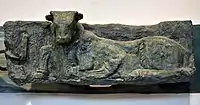 Recumbent cow, part of a frieze once decorated the facade of the Temple of Ninhursag at Tell al-'Ubaid, Iraq, 2800-2600 BCE. Iraq Museum