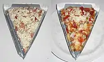 Red Baron brand frozen pizza by the slice, uncooked and cooked